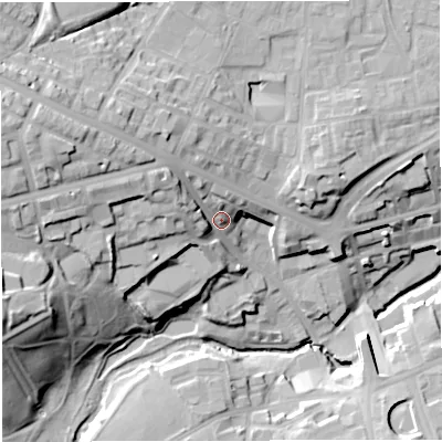 Shaded relief map of the ground around BL14AL, computed from Environment Agency LiDAR. The ground here sits at about 100 m above sea level and falls 36 m across the surrounding 800 m. Surface water reaching this point runs off ground lying to the west-north-west, 19.9 m higher.