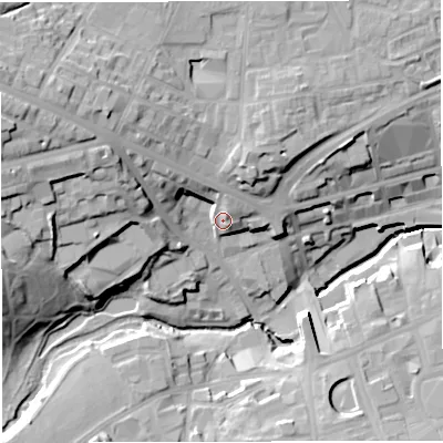 Shaded relief map of the ground around BL14AW, computed from Environment Agency LiDAR. The ground here sits at about 97 m above sea level and falls 35 m across the surrounding 800 m. Surface water reaching this point runs off ground lying to the north-west, 12.3 m higher.