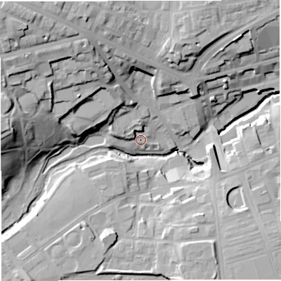 Shaded relief map of the ground around BL14GS, computed from Environment Agency LiDAR. The ground here sits at about 89 m above sea level and falls 35 m across the surrounding 800 m. Surface water reaching this point runs off ground lying to the north-north-west, 5.7 m higher.