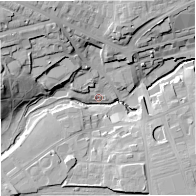 Shaded relief map of the ground around BL14GT, computed from Environment Agency LiDAR. The ground here sits at about 88 m above sea level and falls 35 m across the surrounding 800 m. Surface water reaching this point runs off ground lying to the west, 29.6 m higher.