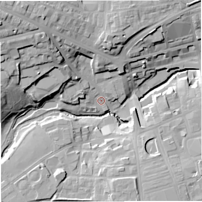 Shaded relief map of the ground around BL14GU, computed from Environment Agency LiDAR. The ground here sits at about 89 m above sea level and falls 34 m across the surrounding 800 m. Surface water reaching this point runs off ground lying to the north-west, 34.2 m higher.
