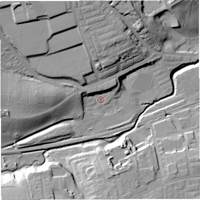 Shaded relief map of the ground around BL14LG, computed from Environment Agency LiDAR. The ground here sits at about 97 m above sea level and falls 34 m across the surrounding 800 m. Surface water reaching this point runs off ground lying to the west-north-west, 19.2 m higher.