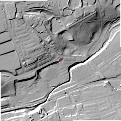 Shaded relief map of the ground around BL14LH, computed from Environment Agency LiDAR. The ground here sits at about 99 m above sea level and falls 34 m across the surrounding 800 m. Surface water reaching this point runs off ground lying to the west-north-west, 14.7 m higher.