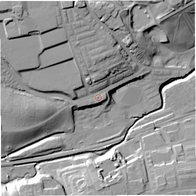 Shaded relief map of the ground around BL14LL, computed from Environment Agency LiDAR. The ground here sits at about 104 m above sea level and falls 35 m across the surrounding 800 m. Surface water reaching this point runs off ground lying to the north-west, 21.0 m higher.