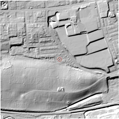 Shaded relief map of the ground around BL14LN, computed from Environment Agency LiDAR. The ground here sits at about 112 m above sea level and falls 41 m across the surrounding 800 m. Surface water reaching this point runs off ground lying to the north-west, 14.9 m higher.