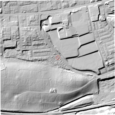 Shaded relief map of the ground around BL14LR, computed from Environment Agency LiDAR. The ground here sits at about 112 m above sea level and falls 41 m across the surrounding 800 m. Surface water reaching this point runs off ground lying to the north-west, 15.4 m higher.