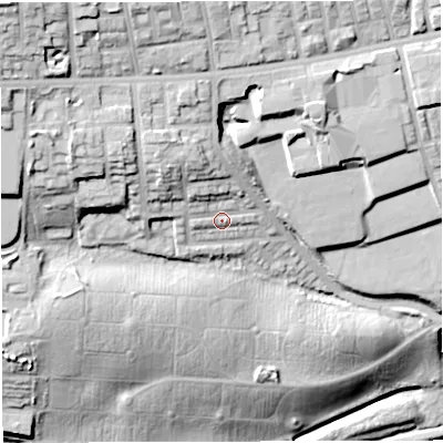 Shaded relief map of the ground around BL14LS, computed from Environment Agency LiDAR. The ground here sits at about 116 m above sea level and falls 46 m across the surrounding 800 m. Surface water reaching this point runs off ground lying to the north-west, 4.9 m higher.