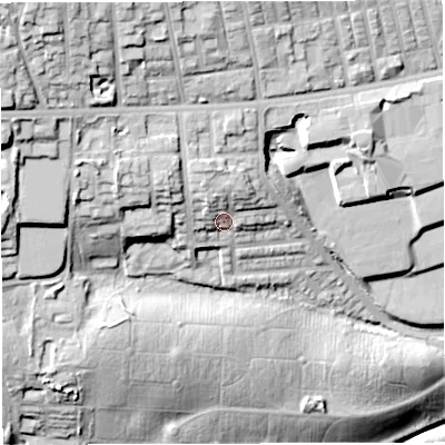 Shaded relief map of the ground around BL14LU, computed from Environment Agency LiDAR. The ground here sits at about 120 m above sea level and falls 46 m across the surrounding 800 m. Surface water reaching this point runs off ground lying to the north-north-west, 7.5 m higher.