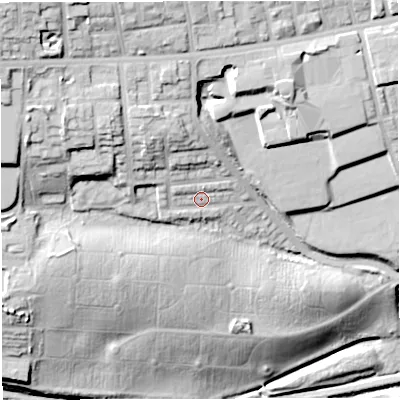 Shaded relief map of the ground around BL14LW, computed from Environment Agency LiDAR. The ground here sits at about 115 m above sea level and falls 44 m across the surrounding 800 m. Surface water reaching this point runs off ground lying to the north-west, 12.0 m higher.