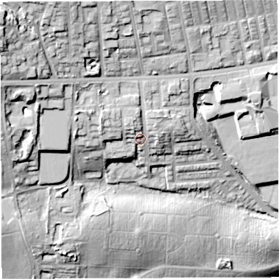 Shaded relief map of the ground around BL14LY, computed from Environment Agency LiDAR. The ground here sits at about 124 m above sea level and falls 44 m across the surrounding 800 m. Surface water reaching this point runs off ground lying to the west-north-west, 13.9 m higher.