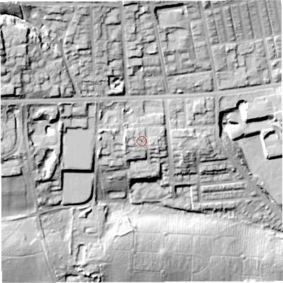 Shaded relief map of the ground around BL14LZ, computed from Environment Agency LiDAR. The ground here sits at about 127 m above sea level and falls 41 m across the surrounding 800 m. Surface water reaching this point runs off ground lying to the west, 2.4 m higher.