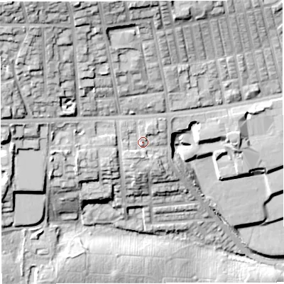 Shaded relief map of the ground around BL14NA, computed from Environment Agency LiDAR. The ground here sits at about 125 m above sea level and falls 43 m across the surrounding 800 m. Surface water reaching this point runs off ground lying to the north-west, 2.4 m higher.