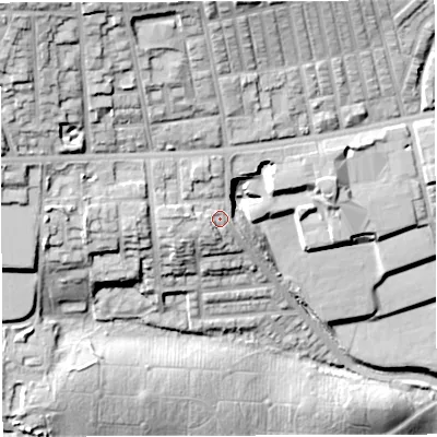 Shaded relief map of the ground around BL14NB, computed from Environment Agency LiDAR. The ground here sits at about 123 m above sea level and falls 45 m across the surrounding 800 m. Surface water reaching this point runs off ground lying to the north-west, 4.9 m higher.