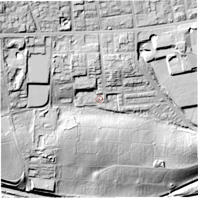 Shaded relief map of the ground around BL14NY, computed from Environment Agency LiDAR. The ground here sits at about 116 m above sea level and falls 50 m across the surrounding 800 m. Surface water reaching this point runs off ground lying to the north-west, 12.5 m higher.