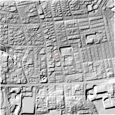 Shaded relief map of the ground around BL14PG, computed from Environment Agency LiDAR. The ground here sits at about 135 m above sea level and falls 49 m across the surrounding 800 m. Surface water reaching this point runs off ground lying to the north-north-west, 27.0 m higher.
