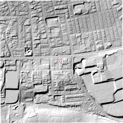 Shaded relief map of the ground around BL14PH, computed from Environment Agency LiDAR. The ground here sits at about 126 m above sea level and falls 45 m across the surrounding 800 m. Surface water reaching this point runs off ground lying to the west-north-west, 1.3 m higher.