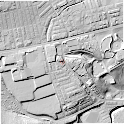 Shaded relief map of the ground around BL14RD, computed from Environment Agency LiDAR. The ground here sits at about 118 m above sea level and falls 49 m across the surrounding 800 m. Surface water reaching this point runs off ground lying to the north-west, 22.5 m higher.