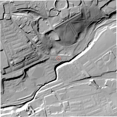 Shaded relief map of the ground around BL14RX, computed from Environment Agency LiDAR. The ground here sits at about 97 m above sea level and falls 34 m across the surrounding 800 m. Surface water reaching this point runs off ground lying to the north-west, 25.4 m higher.