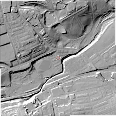 Shaded relief map of the ground around BL14RY, computed from Environment Agency LiDAR. The ground here sits at about 97 m above sea level and falls 34 m across the surrounding 800 m. Surface water reaching this point runs off ground lying to the north-north-west, 4.5 m higher.