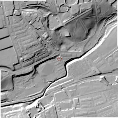 Shaded relief map of the ground around BL14RZ, computed from Environment Agency LiDAR. The ground here sits at about 97 m above sea level and falls 34 m across the surrounding 800 m. Surface water reaching this point runs off ground lying to the west-north-west, 15.5 m higher.