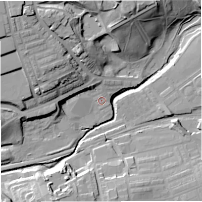 Shaded relief map of the ground around BL14SA, computed from Environment Agency LiDAR. The ground here sits at about 95 m above sea level and falls 34 m across the surrounding 800 m. Surface water reaching this point runs off ground lying to the north-north-east, 3.3 m higher.