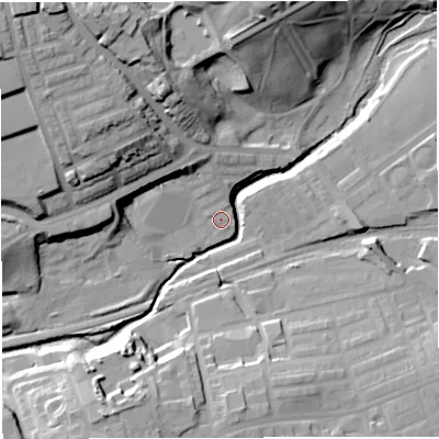 Shaded relief map of the ground around BL14SB, computed from Environment Agency LiDAR. The ground here sits at about 94 m above sea level and falls 33 m across the surrounding 800 m. Surface water reaching this point runs off ground lying to the north-north-east, 2.4 m higher.