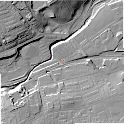 Shaded relief map of the ground around BL14SE, computed from Environment Agency LiDAR. The ground here sits at about 94 m above sea level and falls 30 m across the surrounding 800 m. Surface water reaching this point runs off ground lying to the south-south-west, 11.9 m higher.