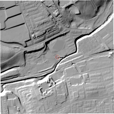 Shaded relief map of the ground around BL14SF, computed from Environment Agency LiDAR. The ground here sits at about 93 m above sea level and falls 33 m across the surrounding 800 m. Surface water reaching this point runs off ground lying to the west, 20.7 m higher.