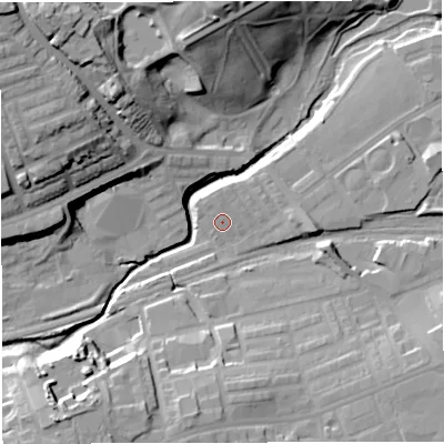 Shaded relief map of the ground around BL14SG, computed from Environment Agency LiDAR. The ground here sits at about 95 m above sea level and falls 34 m across the surrounding 800 m. Surface water reaching this point runs off ground lying to the north, 0.7 m higher.