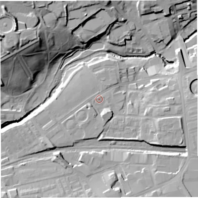 Shaded relief map of the ground around BL14SR, computed from Environment Agency LiDAR. The ground here sits at about 94 m above sea level and falls 37 m across the surrounding 800 m. Surface water reaching this point runs off ground lying to the south-west, 4.7 m higher.
