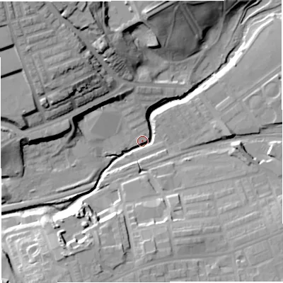 Shaded relief map of the ground around BL14ST, computed from Environment Agency LiDAR. The ground here sits at about 93 m above sea level and falls 33 m across the surrounding 800 m. Surface water reaching this point runs off ground lying to the north-west, 30.5 m higher.