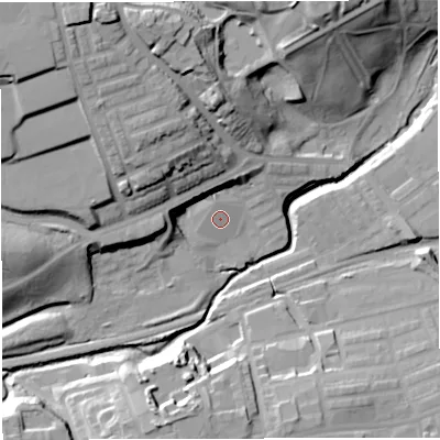 Shaded relief map of the ground around BL14SW, computed from Environment Agency LiDAR. The ground here sits at about 95 m above sea level and falls 34 m across the surrounding 800 m. Surface water reaching this point runs off ground lying to the north-north-west, 2.1 m higher.