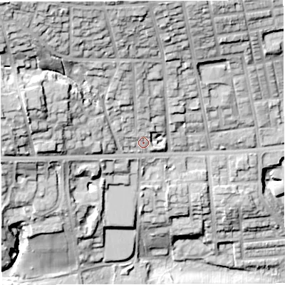 Shaded relief map of the ground around BL15AA, computed from Environment Agency LiDAR. The ground here sits at about 132 m above sea level and falls 48 m across the surrounding 800 m. Surface water reaching this point runs off ground lying to the north-west, 27.9 m higher.