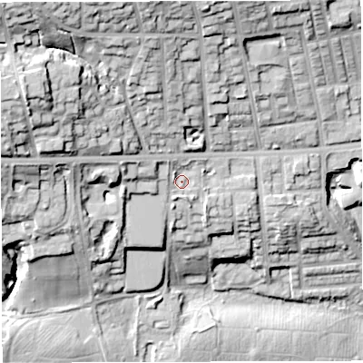 Shaded relief map of the ground around BL15BG, computed from Environment Agency LiDAR. The ground here sits at about 128 m above sea level and falls 43 m across the surrounding 800 m. Surface water reaching this point runs off ground lying to the west-north-west, 8.0 m higher.