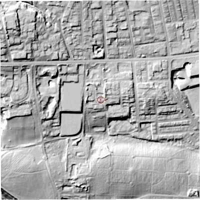 Shaded relief map of the ground around BL15GR, computed from Environment Agency LiDAR. The ground here sits at about 126 m above sea level and falls 50 m across the surrounding 800 m. Surface water reaching this point runs off ground lying to the north-north-west, 4.6 m higher.