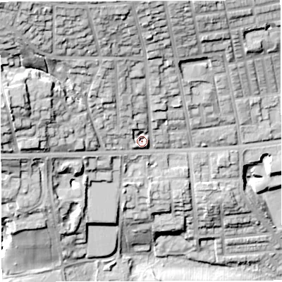 Shaded relief map of the ground around BL15HH, computed from Environment Agency LiDAR. The ground here sits at about 129 m above sea level and falls 48 m across the surrounding 800 m. Surface water reaching this point runs off ground lying to the north-west, 29.2 m higher.