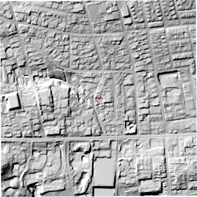 Shaded relief map of the ground around BL15HP, computed from Environment Agency LiDAR. The ground here sits at about 139 m above sea level and falls 49 m across the surrounding 800 m. Surface water reaching this point runs off ground lying to the north-north-west, 24.3 m higher.