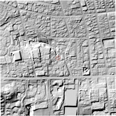 Shaded relief map of the ground around BL15JQ, computed from Environment Agency LiDAR. The ground here sits at about 140 m above sea level and falls 51 m across the surrounding 800 m. Surface water reaching this point runs off ground lying to the north-west, 29.5 m higher.