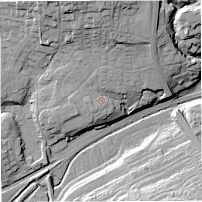 Shaded relief map of the ground around BL15XH, computed from Environment Agency LiDAR. The ground here sits at about 114 m above sea level and falls 38 m across the surrounding 800 m. Surface water reaching this point runs off ground lying to the north, 6.0 m higher.