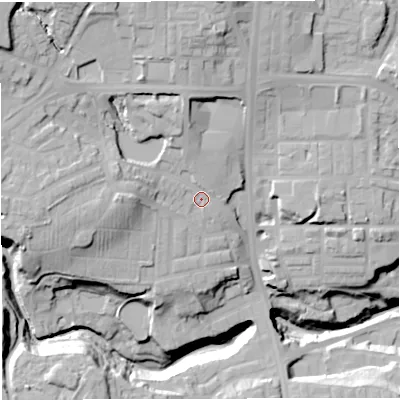 Shaded relief map of the ground around BL16FY, computed from Environment Agency LiDAR. The ground here sits at about 113 m above sea level and falls 42 m across the surrounding 800 m. Surface water reaching this point runs off ground lying to the north-west, 17.3 m higher.