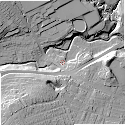 Shaded relief map of the ground around BL16JN, computed from Environment Agency LiDAR. The ground here sits at about 130 m above sea level and falls 57 m across the surrounding 800 m. Surface water reaching this point runs off ground lying to the south-west, 41.5 m higher.