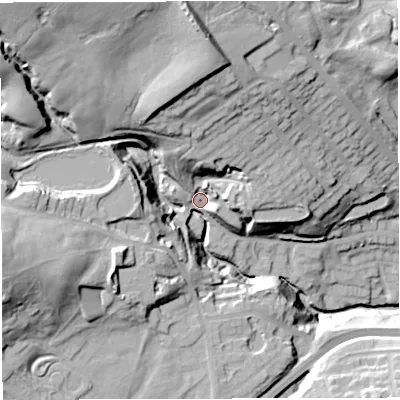 Shaded relief map of the ground around BL16LP, computed from Environment Agency LiDAR. The ground here sits at about 148 m above sea level and falls 56 m across the surrounding 800 m. Surface water reaching this point runs off ground lying to the north-west, 41.4 m higher.
