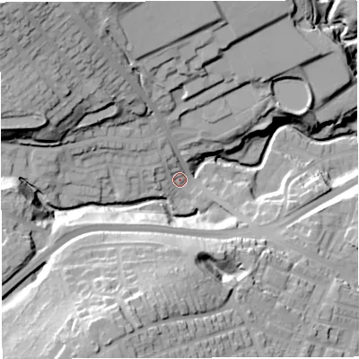 Shaded relief map of the ground around BL16ND, computed from Environment Agency LiDAR. The ground here sits at about 131 m above sea level and falls 55 m across the surrounding 800 m. Surface water reaching this point runs off ground lying to the west-north-west, 9.6 m higher.