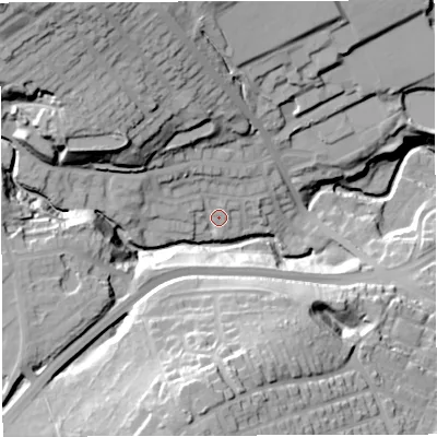 Shaded relief map of the ground around BL16NF, computed from Environment Agency LiDAR. The ground here sits at about 135 m above sea level and falls 54 m across the surrounding 800 m. Surface water reaching this point runs off ground lying to the north-west, 22.0 m higher.