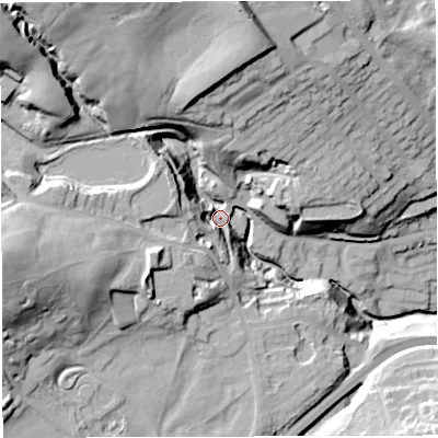 Shaded relief map of the ground around BL16NG, computed from Environment Agency LiDAR. The ground here sits at about 151 m above sea level and falls 53 m across the surrounding 800 m. Surface water reaching this point runs off ground lying to the west-south-west, 35.2 m higher.