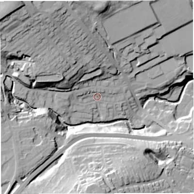 Shaded relief map of the ground around BL16NH, computed from Environment Agency LiDAR. The ground here sits at about 137 m above sea level and falls 56 m across the surrounding 800 m. Surface water reaching this point runs off ground lying to the west-north-west, 19.5 m higher.