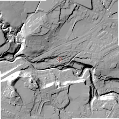 Shaded relief map of the ground around BL16PE, computed from Environment Agency LiDAR. The ground here sits at about 120 m above sea level and falls 46 m across the surrounding 800 m. Surface water reaching this point runs off ground lying to the north-north-east, 7.9 m higher.