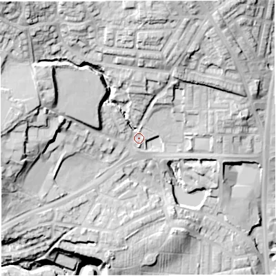 Shaded relief map of the ground around BL16PR, computed from Environment Agency LiDAR. The ground here sits at about 122 m above sea level and falls 43 m across the surrounding 800 m. Surface water reaching this point runs off ground lying to the north-west, 28.1 m higher.