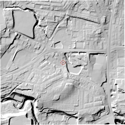 Shaded relief map of the ground around BL16PS, computed from Environment Agency LiDAR. The ground here sits at about 117 m above sea level and falls 48 m across the surrounding 800 m. Surface water reaching this point runs off ground lying to the north-west, 24.2 m higher.