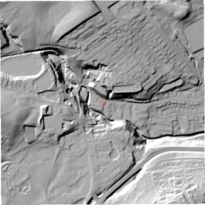 Shaded relief map of the ground around BL16TX, computed from Environment Agency LiDAR. The ground here sits at about 146 m above sea level and falls 51 m across the surrounding 800 m. Surface water reaching this point runs off ground lying to the north-north-west, 29.8 m higher.